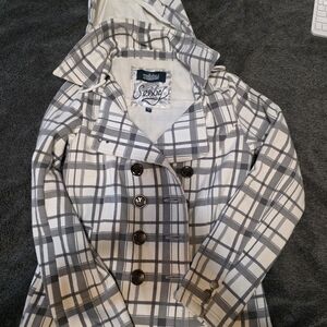 Sebby Women's Black and White Plaid Pea Coat